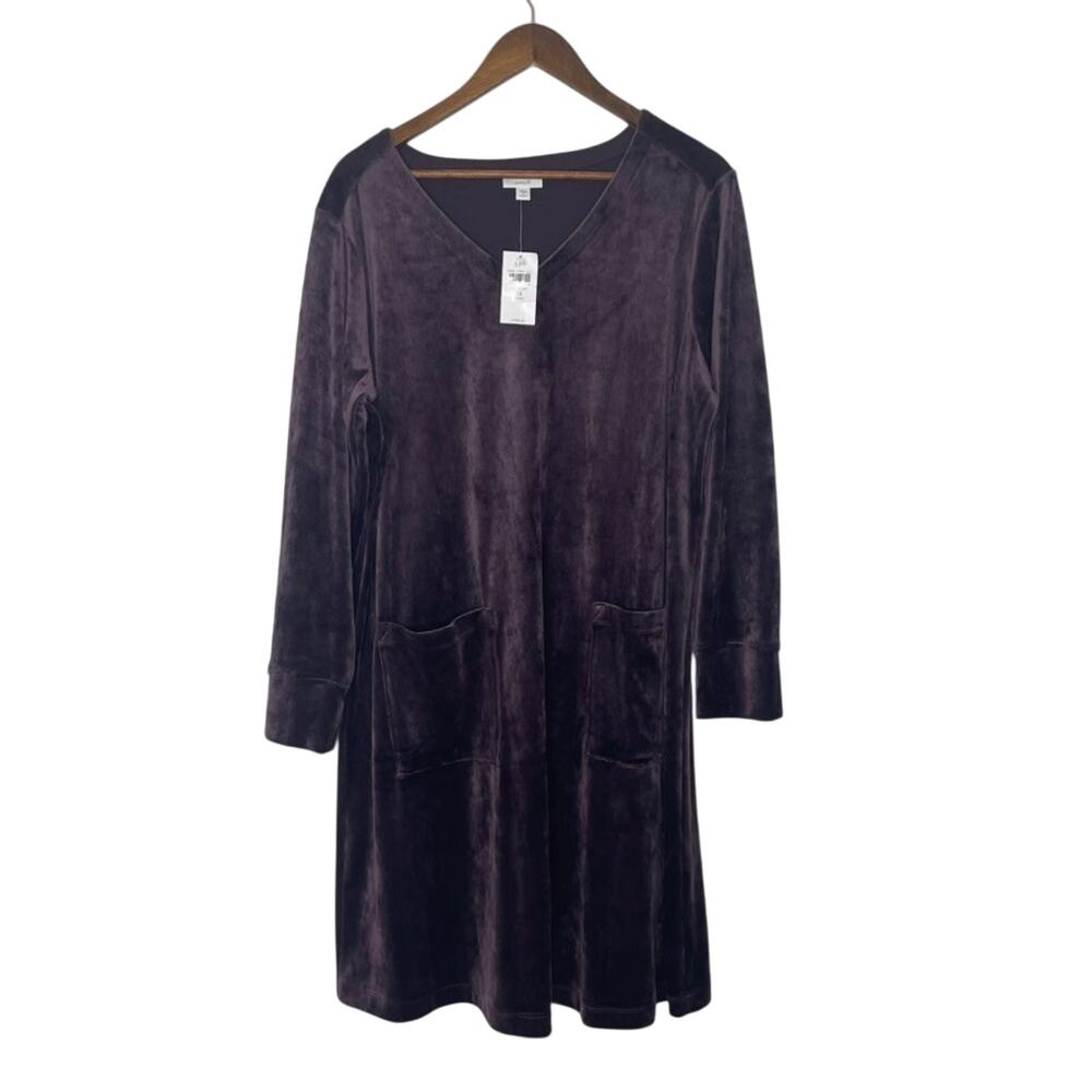 J Jill Velvet Purple Dress Size 1X Pocket V-neck Shift Long Sleeve NEW